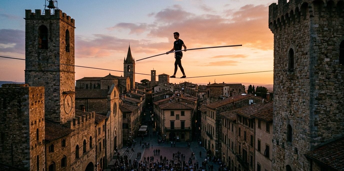 Un funambule marche avec un long balancier sur un câble tendu entre deux tours de pierre, au-dessus d'une foule