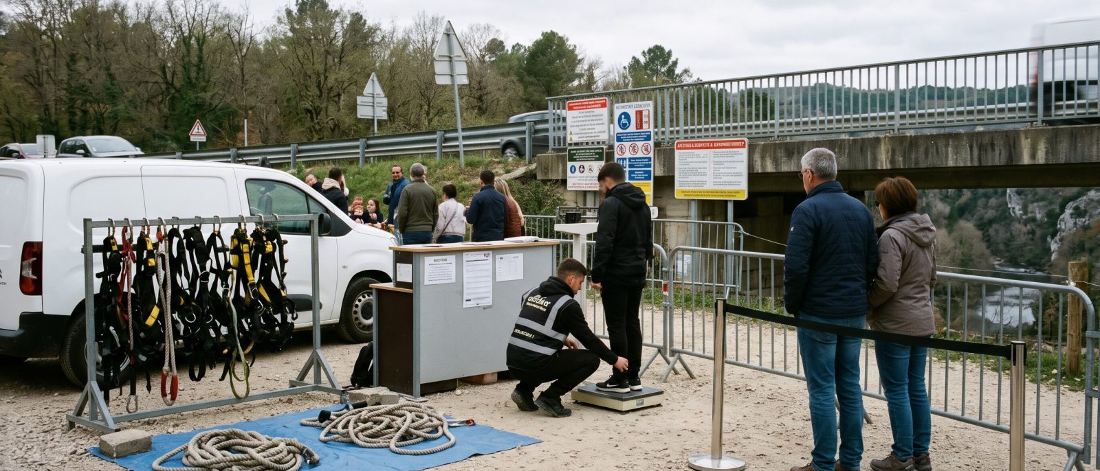 Près d'un pont, un encadrant pèse un participant tandis que des harnais et des cordes sont préparés